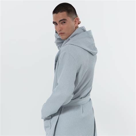 Men's Blue Gray Hooded Turkish Cotton Waffle Robe | SEYANTE