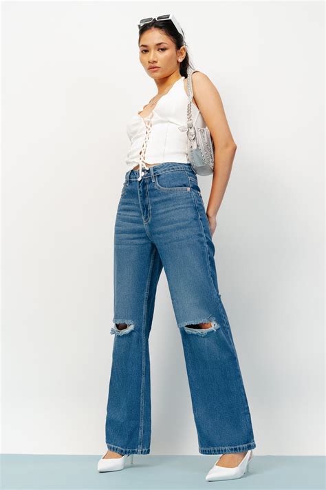 Blue Ripped Women's Wide Jeans