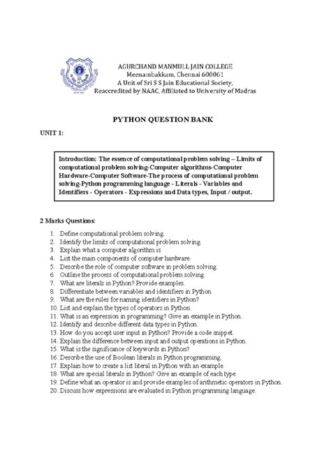Problem Solving Using Python - Unit 1 2 Marks Guide - Studocu