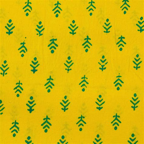 PRE-CUT 1.90 METER Pure Cotton Yellow Gamthi With Green Tiny Motifs Ha ...