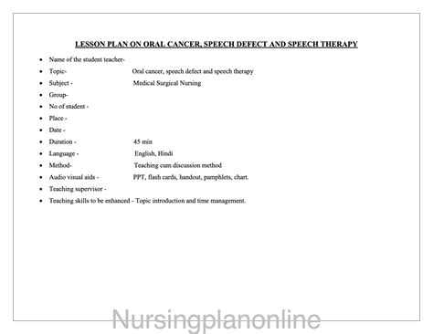 LESSON PLAN- ORAL CANCER, SPEECH DEFECT AND SPEECH THERAPY – Nursing ...