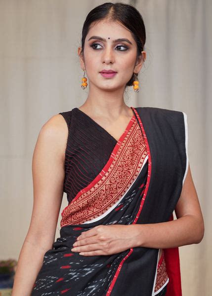 White cotton saree with beautiful black Ikat and Ajrakh border – Sujatra