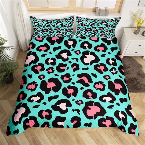 YST Pink Cheetah Print Duvet Cover Queen Teal Animal Print Bedding Set ...