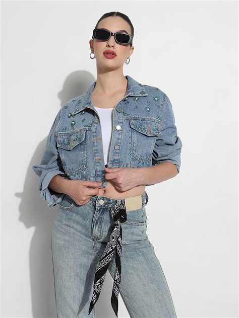 SHOWOFFFF Edition Women's Embellished Blue Spread Collar Relaxed Fit ...