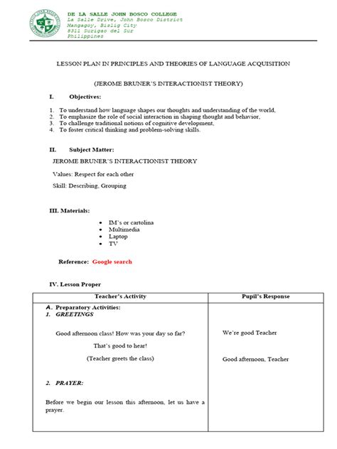 Image result for Language Learning Lesson Plan Example