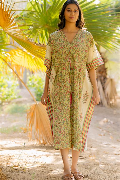 Cotton Hand Block Printed Kaftan - Green – Bagh India