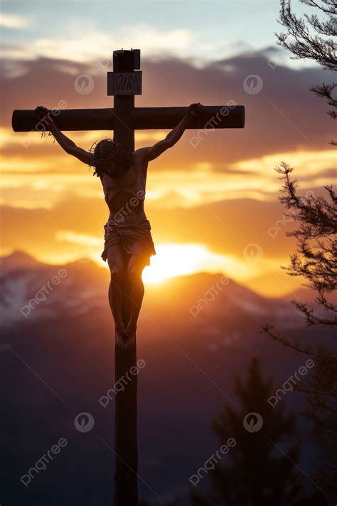 Silhouette Of Jesus On The Cross Against Mountain Sunset Background Wallpaper Image For Free ...