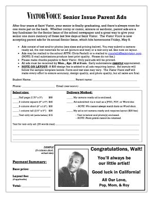 Fillable Online Senior Issue Parent Ads - Saint Viator High School Fax ...