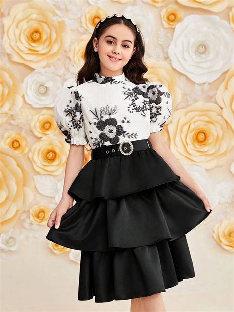 SHEIN DRMZ Tween Girl Tween Girls' Cute Jacquard Print Stand Collar ...