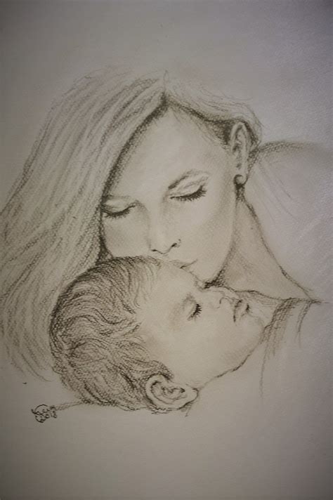 Baby And Mother Pencil Drawing