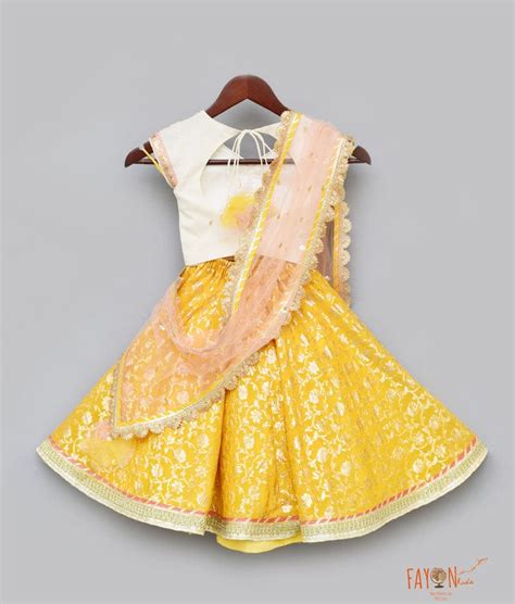 Buy Off white Sequins Yellow Brocade Lehenga with Choli Boti Net ...