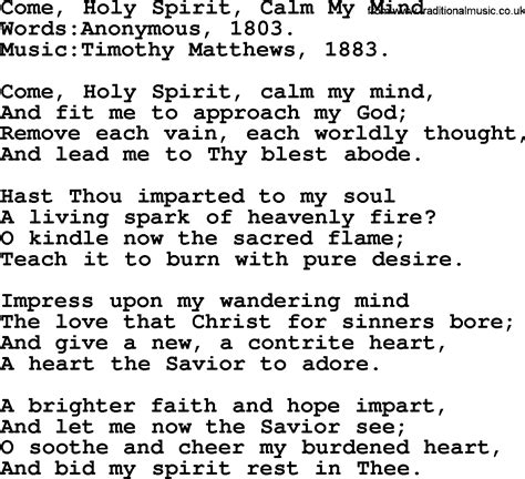 Pentecost Hymns, Song: Come, Holy Spirit, Calm My Mind - lyrics and PDF