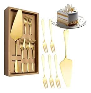 THW® Golden Cake Server & Forks Combo Set Stainless Steel Slice & 5Pcs ...