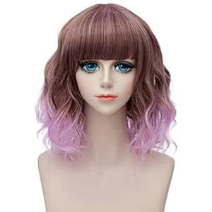 35cm Bob Curly Lolita Mix Brown Purple Flat Bangs Cosplay Costume Wig ...