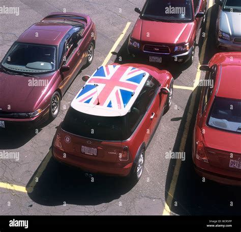 A British Union Jack flag design on the roof of a Mini Cooper, parked ...