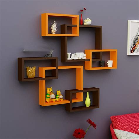 Cherry Wood MDF Wall Shelf Rack Set of 6 Intersecting Display Shelves ...