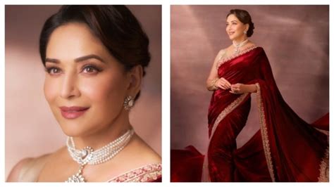 Madhuri Dixit is a vision to behold in red velvet saree and pearl ...