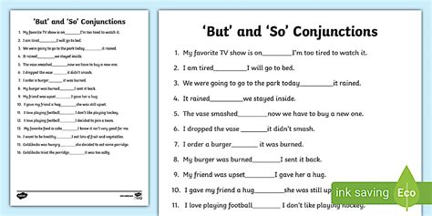 Conjunctions: But and So Worksheet for 3rd-5th Grade