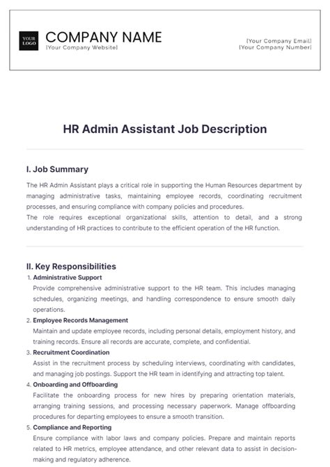 Free HR Admin Assistant Job Description Template to Edit Online