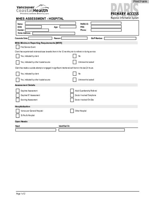Fillable Online MHES Assessment - Hospital. MHES Assessment - Hospital ...