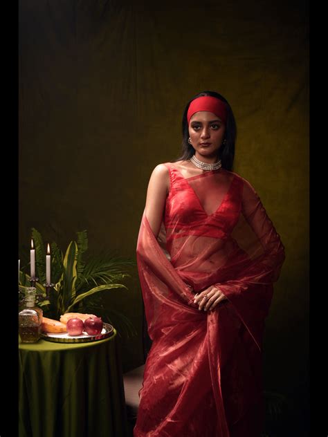 Red Organza Tissue Saree with Ready to Wear Satin Silk Sleeveless Blou
