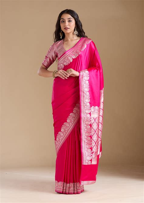 Buy Rani Pink Zariwork (Gold) Banarasi Silk Saree - Koskii