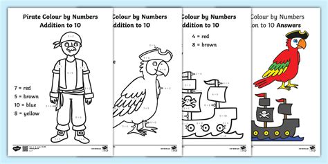 Pirate Addition to 10 Colour by Number - Pirate Addition to 10 Colour by