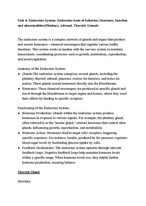 BioPsychology 202 Unit 4 Notes: Endocrine System Functions & Conditions ...