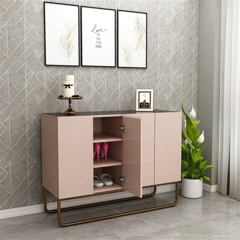 Blush Pink & Black Finish Shoe Cabinet with Dual Doors, Shelves & Meta ...