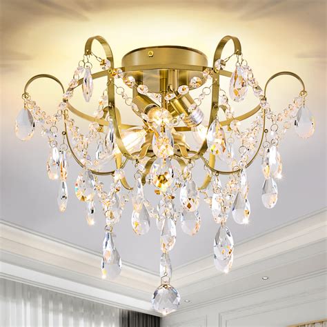 Crystal Chandelier Gold Ceiling Light - 4-Light Semi Flush Mount For ...