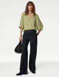 Buy V-Neck Button Detail Blouson Sleeve Blouse at Marks & Spencer