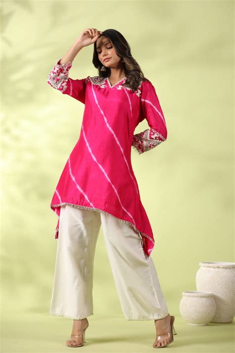 Pink Tie-dyed & Embroidered Asymmetrical Kurta with Palazzo