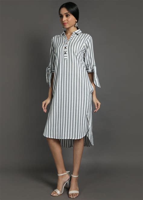 Get Hem Tie Sleeve Detail Grey Striped High Low Dress at ₹ 2232 | LBB Shop