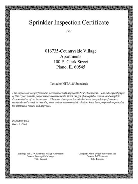 Fillable Online Sprinkler Inspection Certificate for 016735-countryside ...