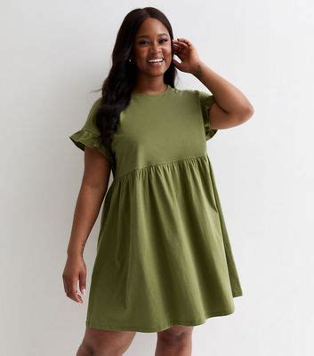 Curves Khaki Short Frill Sleeve Mini Smock Dress | New Look