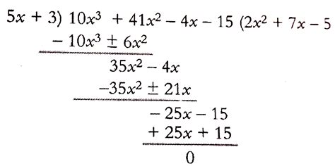 Divide `10x^(3) + 41x^(2) - 4x - 15` by `5x + 3`.