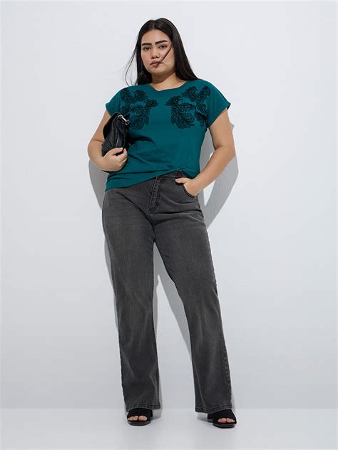 Buy Gia Teal Leaf Design Cotton T-Shirt from Westside