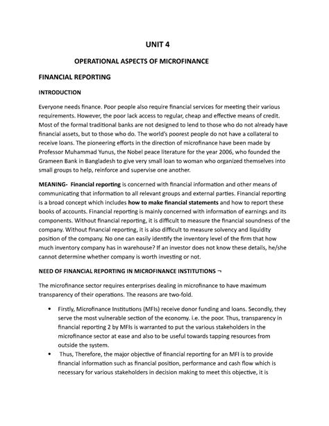 Micro Finance Unit 4 - UNIT 4 OPERATIONAL ASPECTS OF MICROFINANCE ...