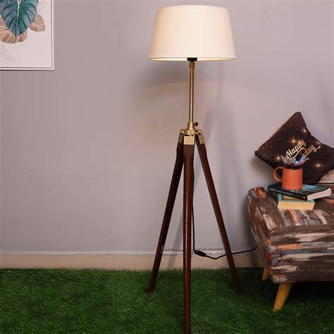 Homesake Tripod Floor Lamp with Shade Wooden, Brass Finish Industrial ...