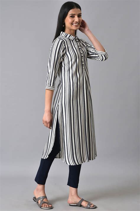 Buy White & Black Stripes Shirt Collar kurta Online for Woman | Shop ...