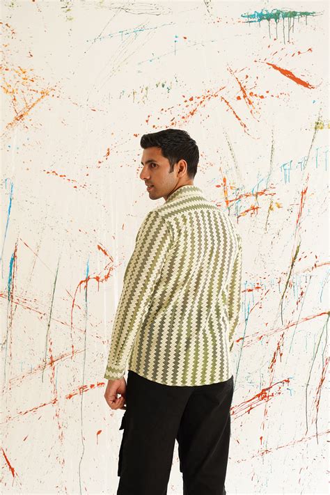 Woven Design Green Cotton Shirt for Men – Indian Needle
