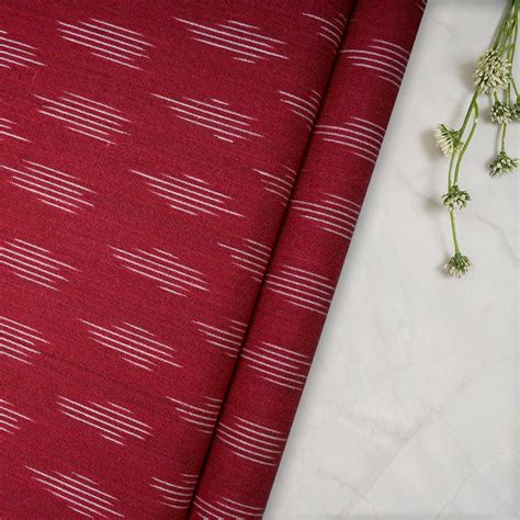 Buy (Pre-Cut 2.30 Mtr)Maroon Color Washed Woven Ikat Cotton Fabric| FFAB