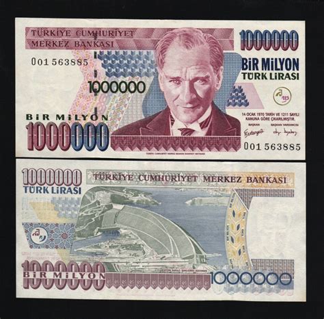 Turkey 1,000,000 500,000 250,000 100,000 LIRA 1997-2002 UNC x 4 Pcs ...