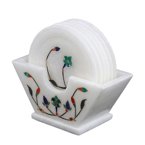 RM Marble White Color Tea Coaster with Inlay Work Rameshwaram Marble ...
