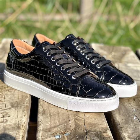 Black Croc Print Leather Norberto Lace Up With White Sole Sneakers ...