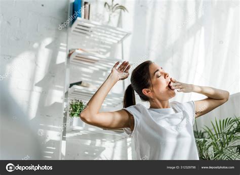 Beautiful Woman Yawning Doing Morning Exercise Bedroom — Stock Photo ...