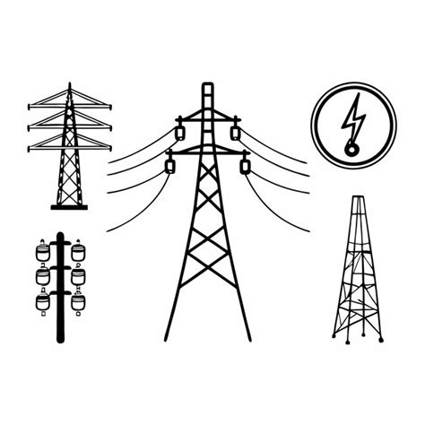 High voltage electric tower and power symbol icon set black and white ...