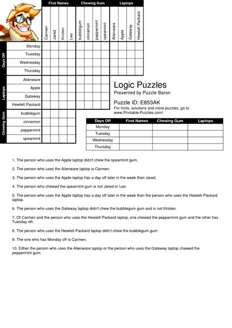 FREE Printable Logic Puzzles, Logic Grid Puzzles