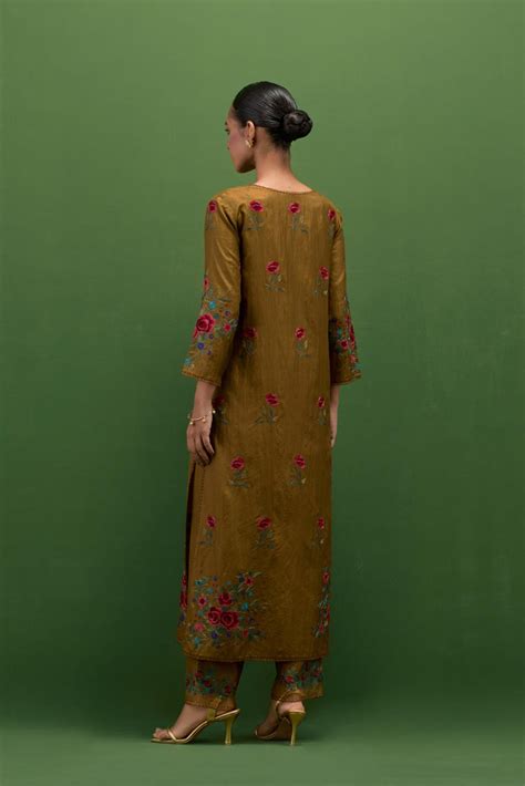 Golden olive silk straight kurta set with all-over roses embroidered i ...