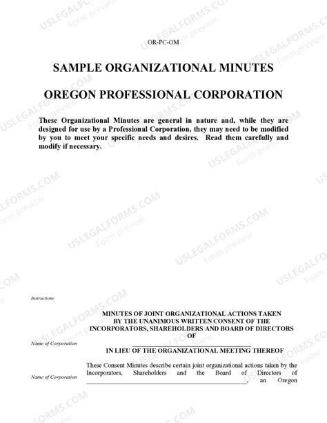 Organizational Minutes for an Oregon Professional Corporation | US ...